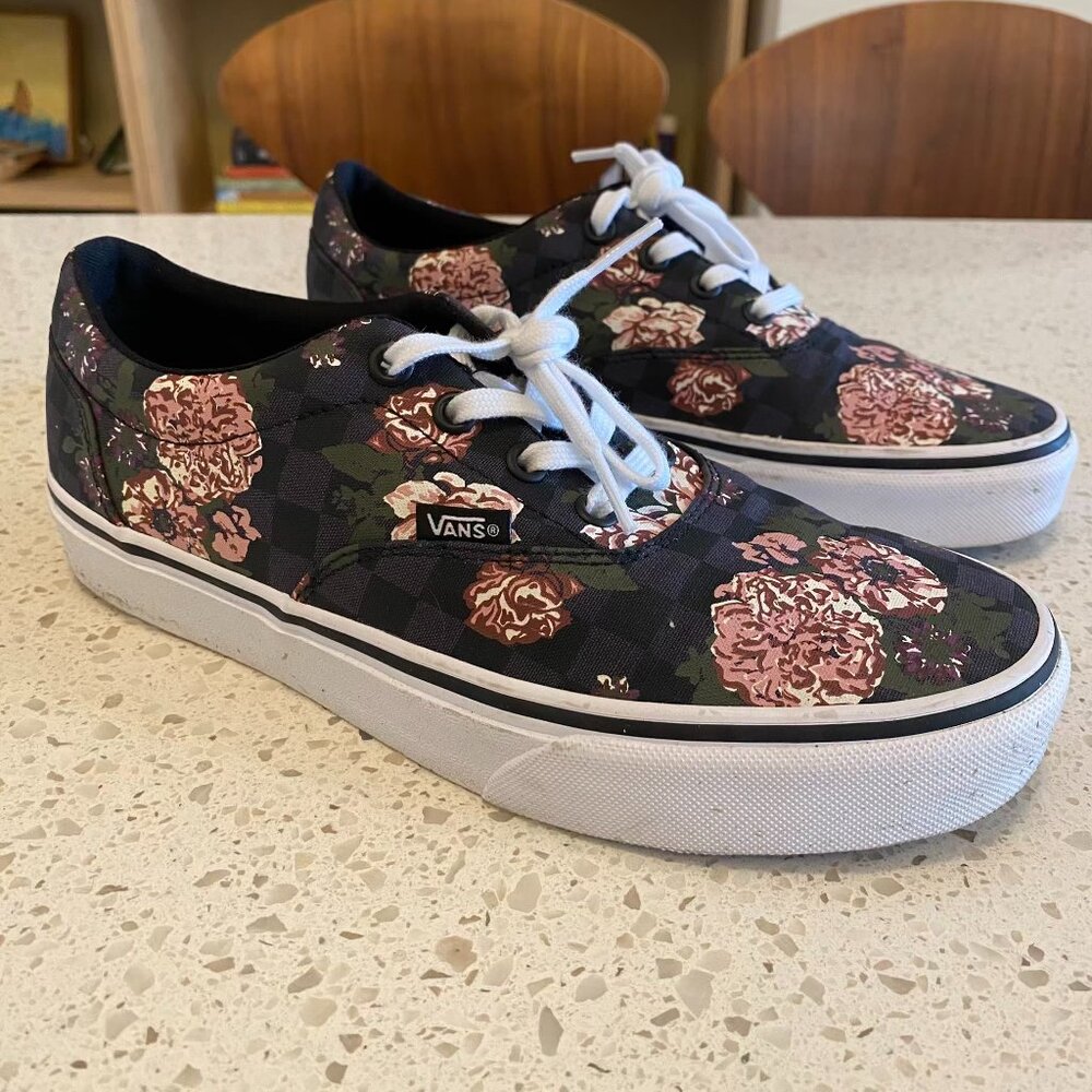 Vans Authentic Black Floral Checkerboard Shoes 8.5 39